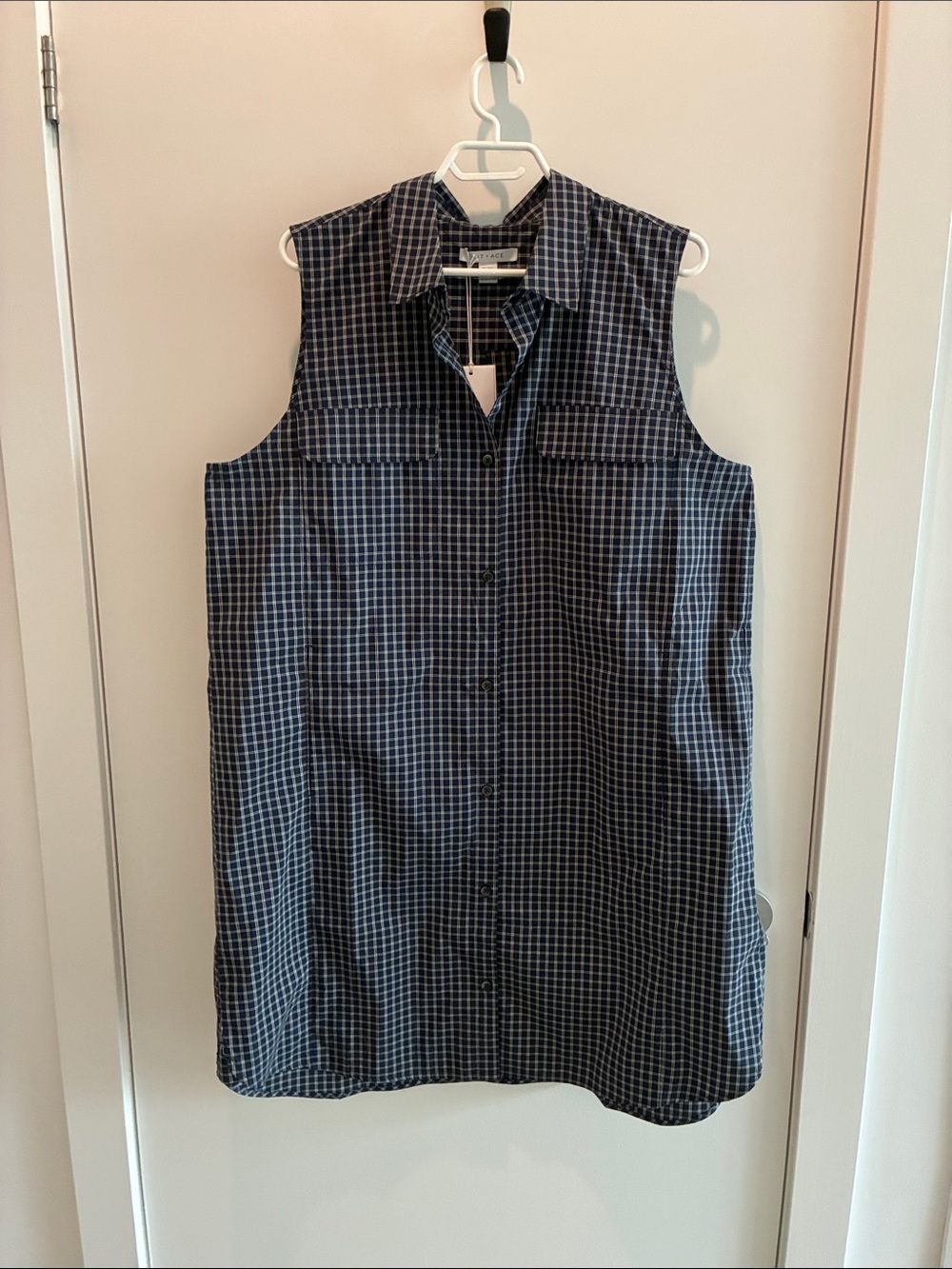 Kit + Ace Sleeveless Check Shirt Dress in Dark Navy